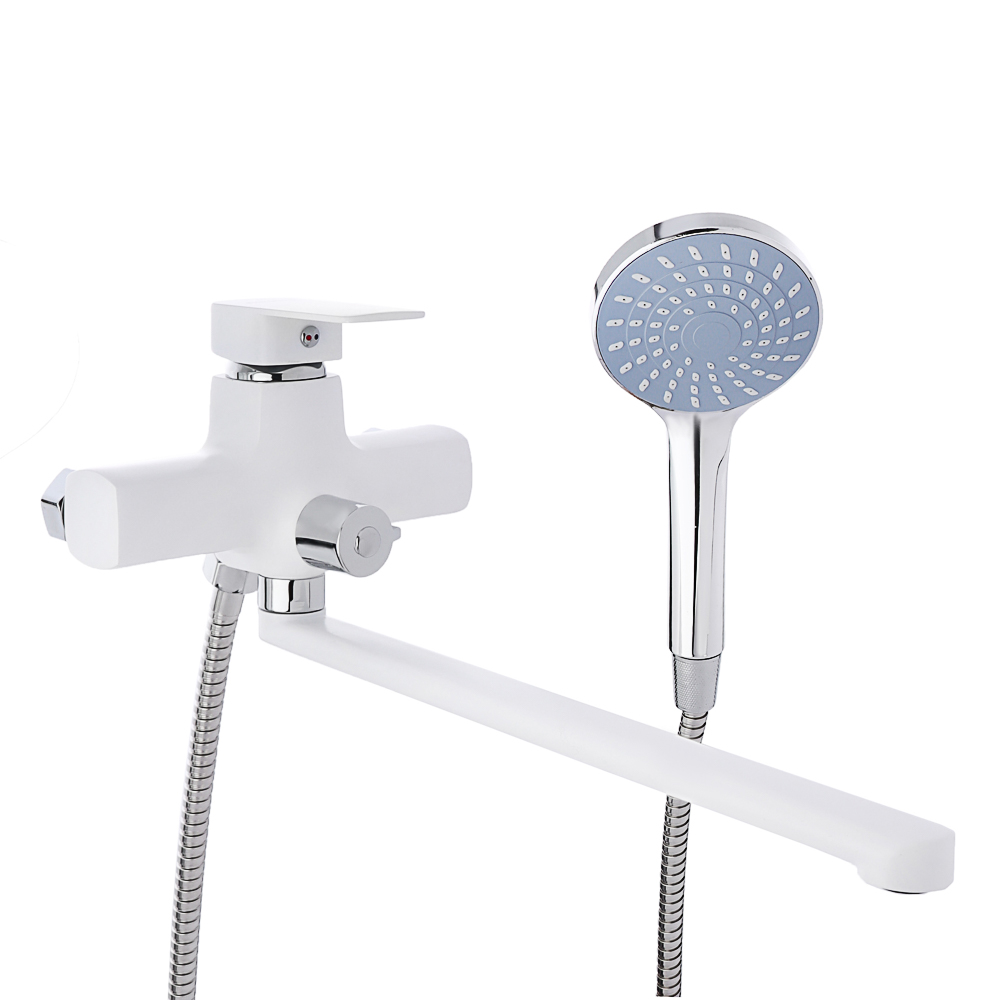 SoyuzKran Mixer for bathtub with shower, straight spout 35cm, ceramic. cartridge 35mm, white, zinc, SK08-P10
