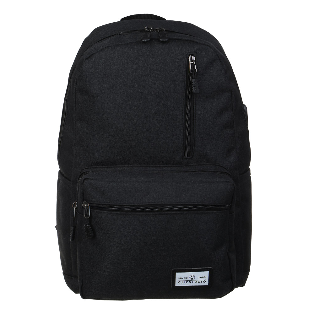 Universal backpack 43x29x15cm, 1 compartment, 6 pockets (1 on the back), USB output, patch, textured PE, black.