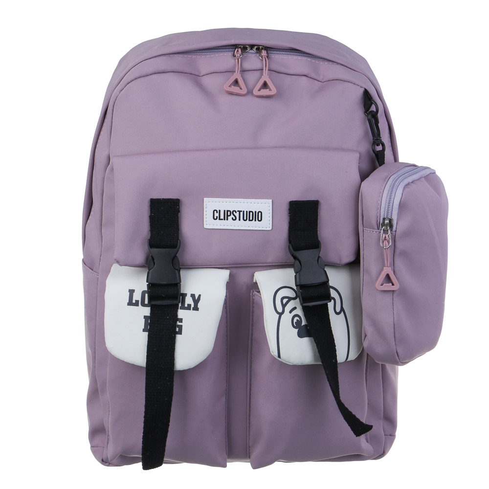 Teenage backpack 42x30x13cm, 1 compartment, 4 pockets, wallet with carbine, smooth PE, lilac/beige