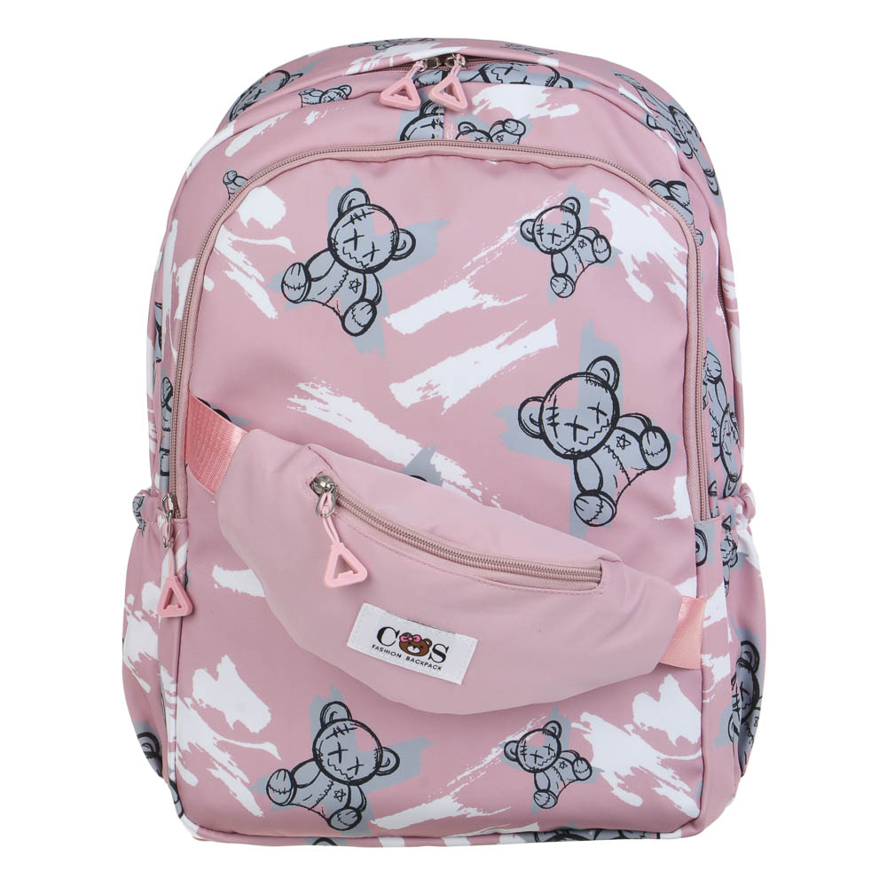 Teenage backpack 43x29x17cm, 2 compartments, pocket in the shape of a waist bag, 2 side pockets, PE, pink color scheme