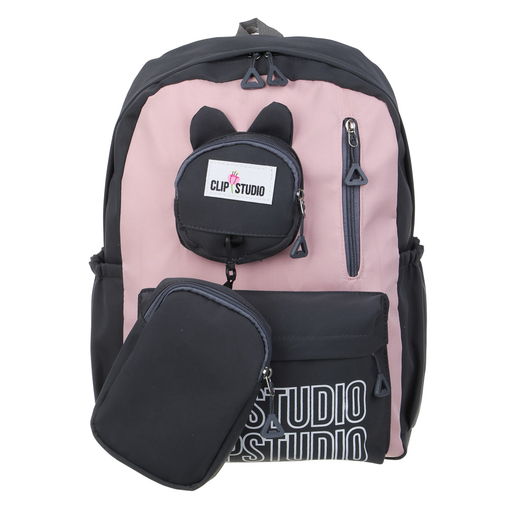 Teenage backpack 43x30x13cm, 1 compartment, 5 pockets, wallet with carabiner, smooth PE, pink/black