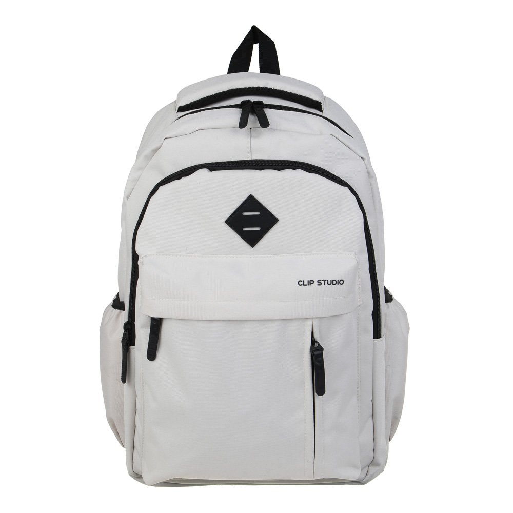 Teenage backpack 44x28x17cm, 2 compartments, 4 pockets, handle, patch, textured PE, separate artificial leather, beige.