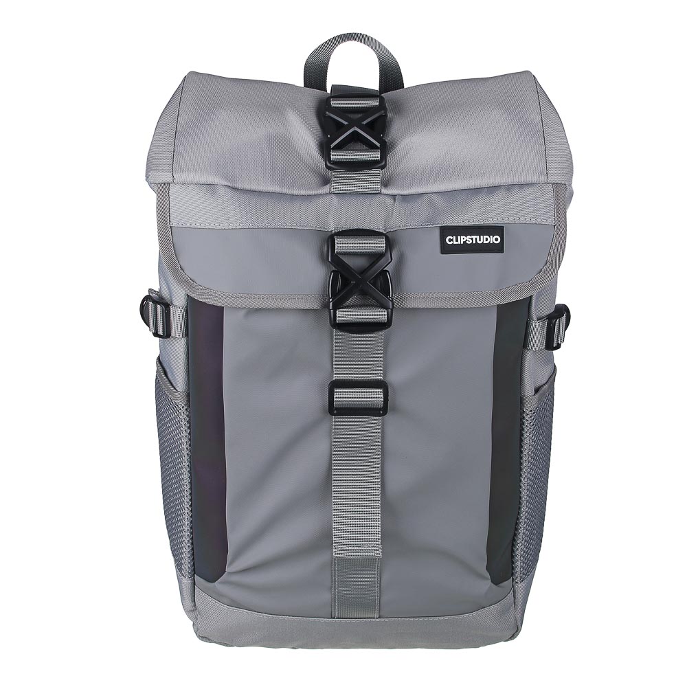 Backpack-bag 45x29x16cm, 2 compartments with clasps, 2 pockets, front, side drawstrings, holographic inserts, PE, gray