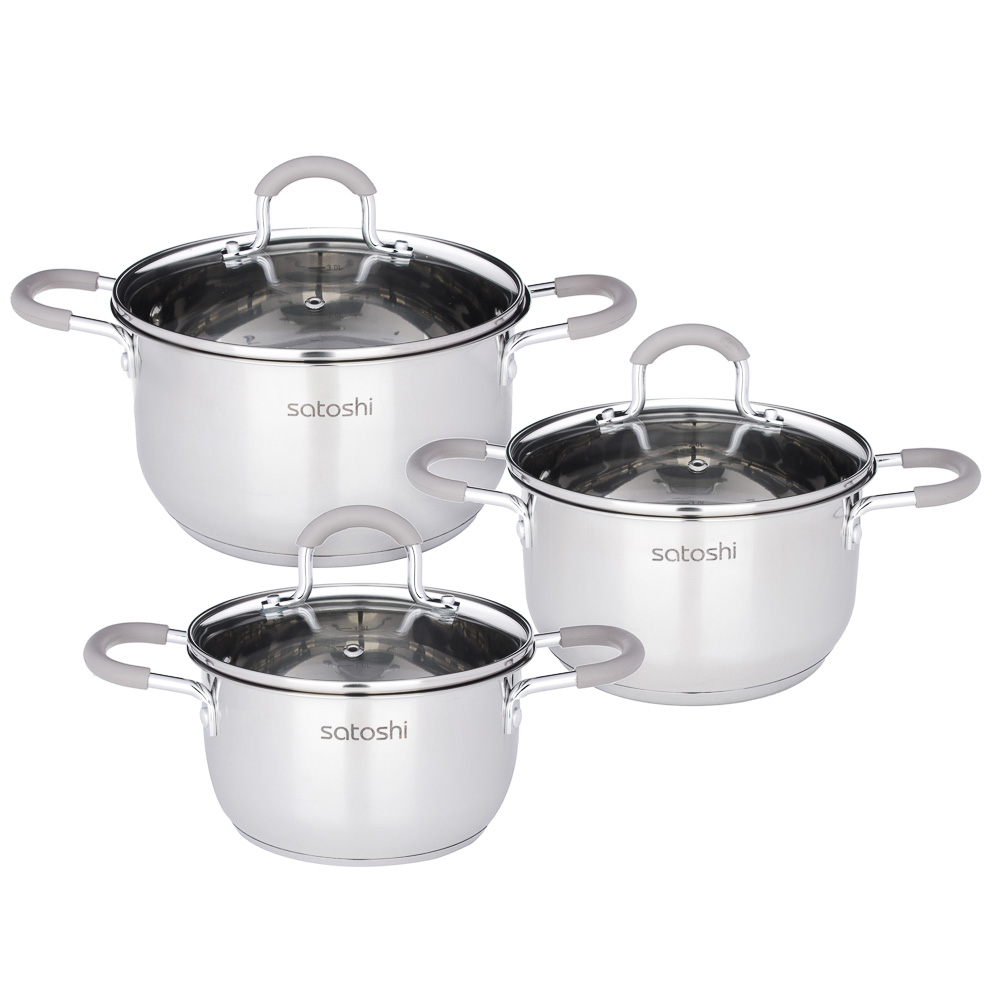 SATOSHI Alber Set of 6 pans: 1.8l, 2.5l, 3.5l, beige silicone handles, glass. lid