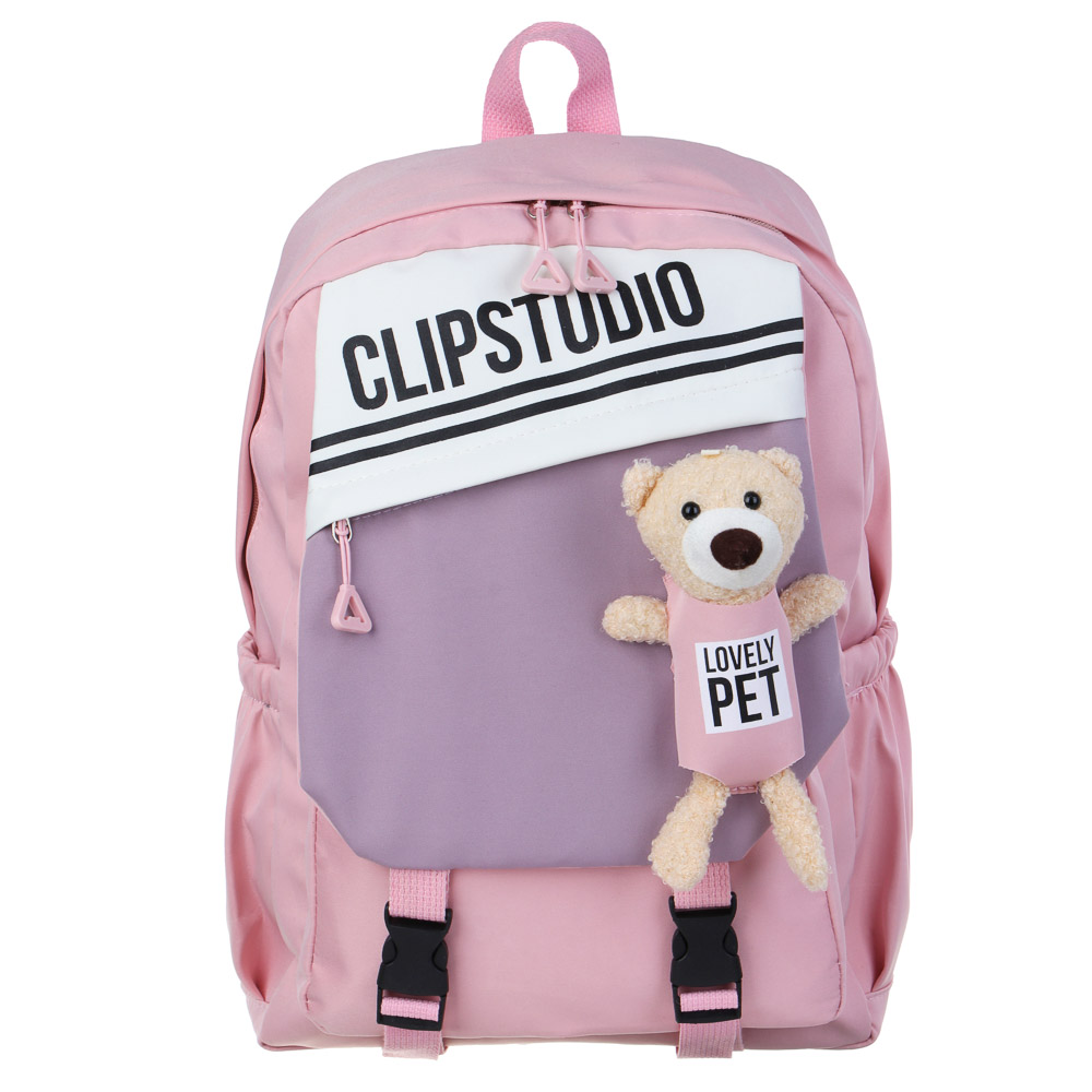 Backpack for teenagers 44x29x15cm, 1 compartment, 3 pockets, flap with pocket, soft toy, smooth PE, pink