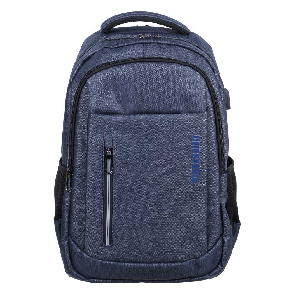 Universal backpack 44x30x18cm, 2 compartments, 4 pockets, mesh back, handle, USB, PE fabric, blue
