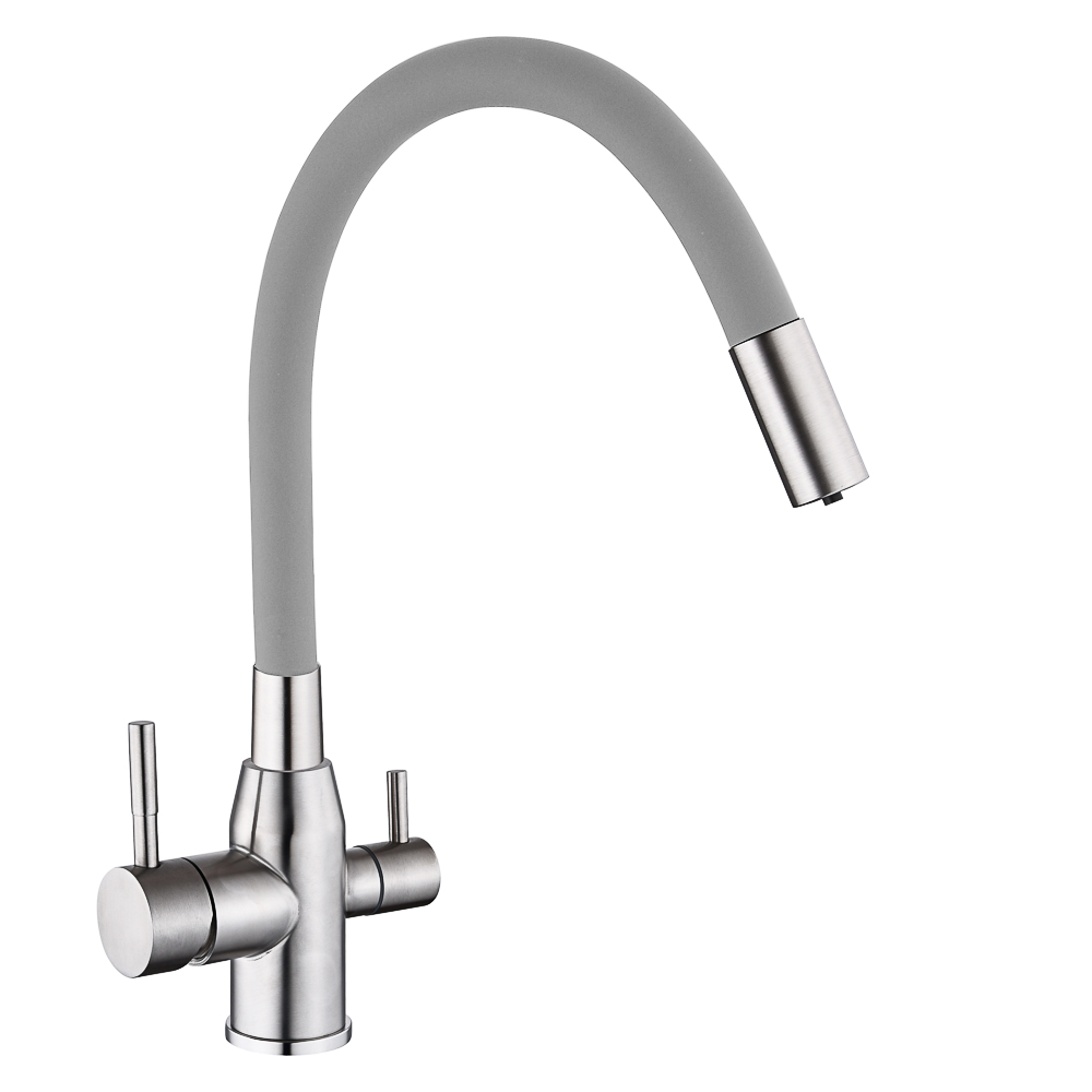 SoyuzKran Kitchen faucet with power outlet. water, silicone spout, gray, stainless steel, SS01-C132