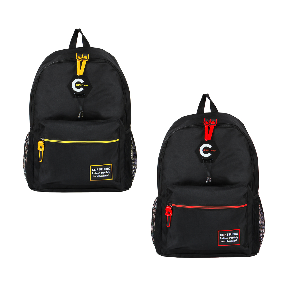 Backpack for teenagers 43x29x15cm, 1 compartment, 4 pockets, stripes, cord decor, black, PE, 2 finishing colors