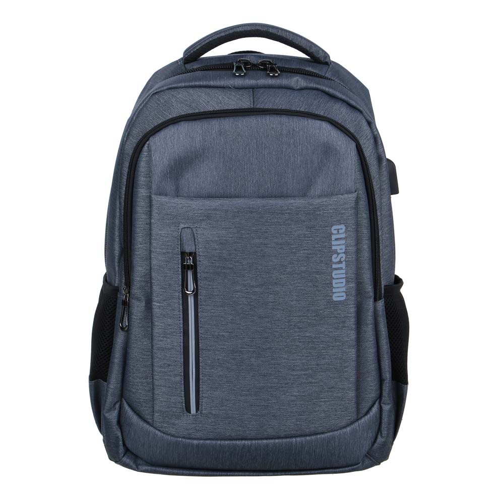 Universal backpack 44x30x18cm, 2 compartments, 4 pockets, mesh back, handle, USB, PE fabric, dark gray