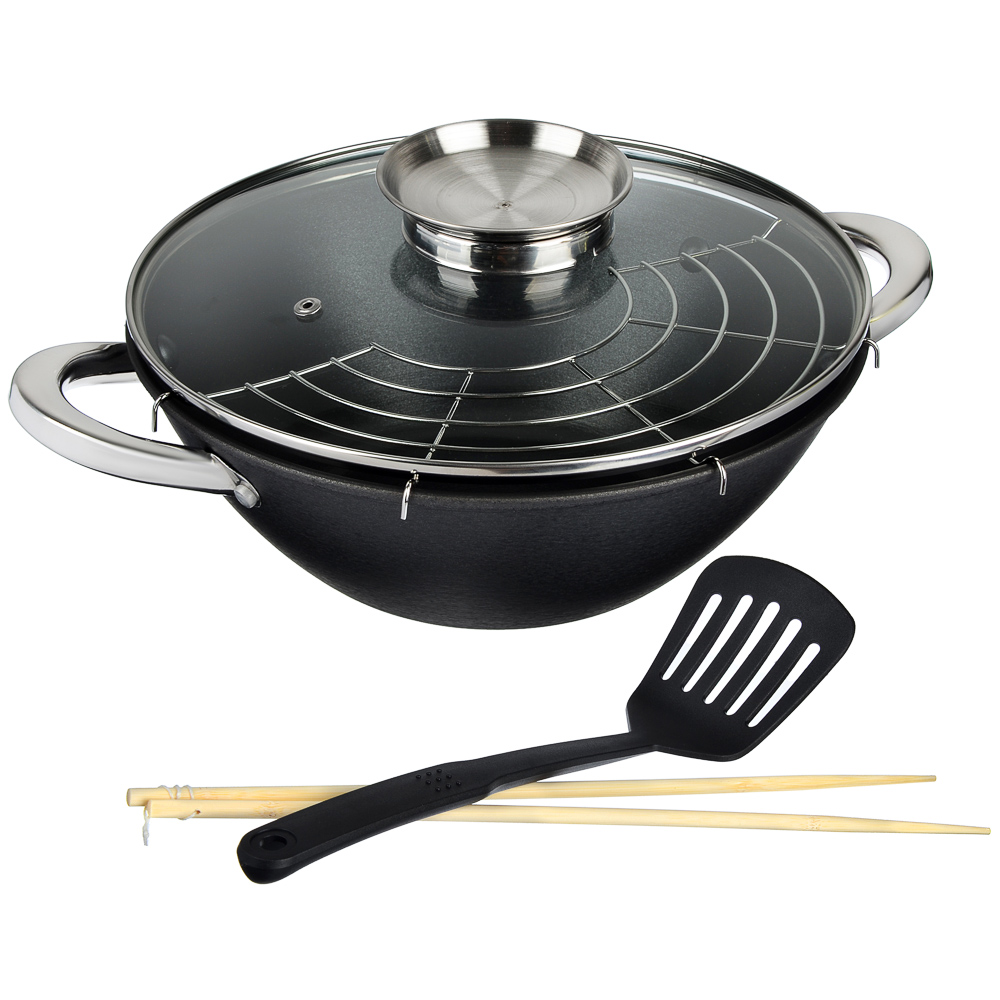 SATOSHI Kazan cast iron, 26 cm, 3 l, anti-proof coating, stainless steel handle, grill, glass roof, nylon spatula, bamboo sticks