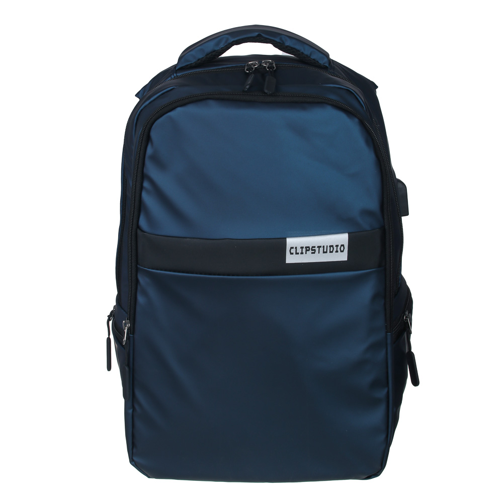 Universal backpack 46x30x11cm, 2 compartments, 3 pockets, plastic back, handle, USB, water-resistant nylon, blue