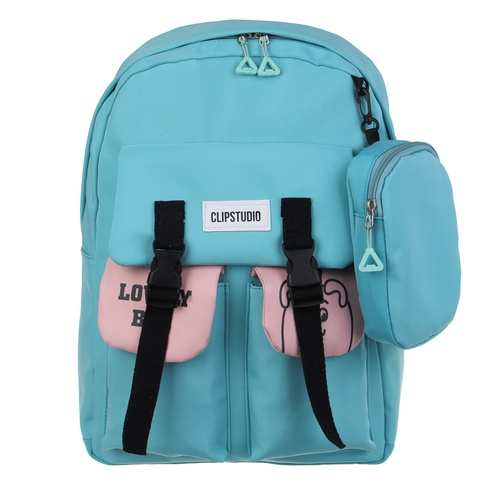 Teenage backpack 42x30x13cm, 1 compartment, 4 pockets, wallet with carabiner, smooth PE, green/pink