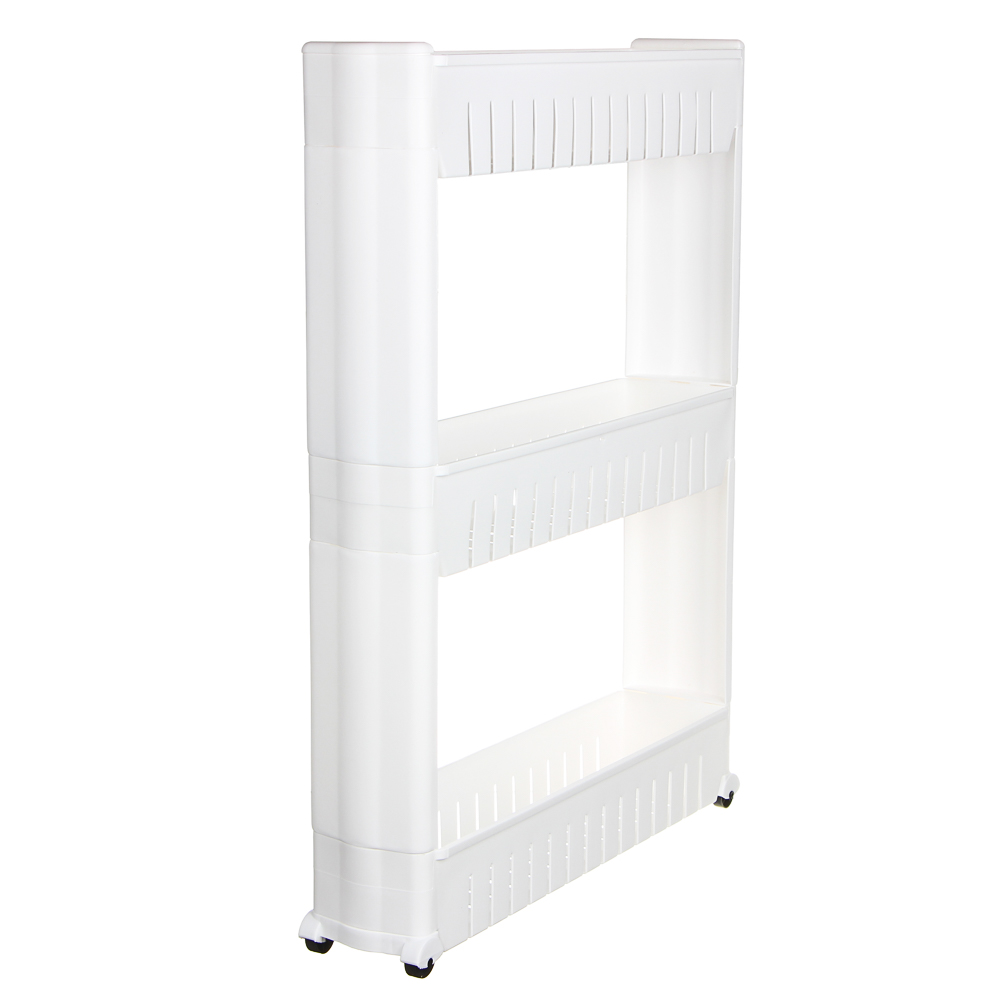 VETTA Narrow floor shelf on wheels, 54x12x72cm, 3 shelves with sides, plastic, white
