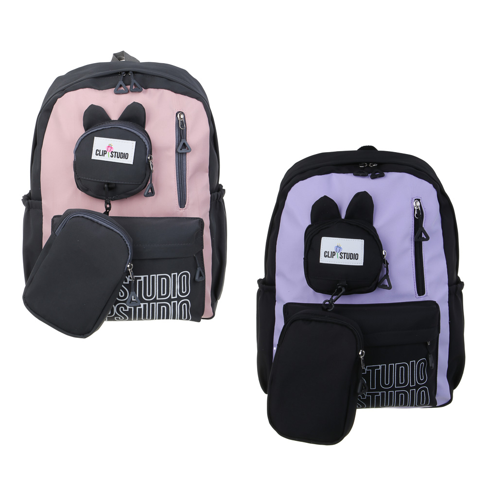 Teenage backpack 43x30x13cm, 1 compartment, 5 pockets, wallet with carabiner, smooth PE, 2 colors