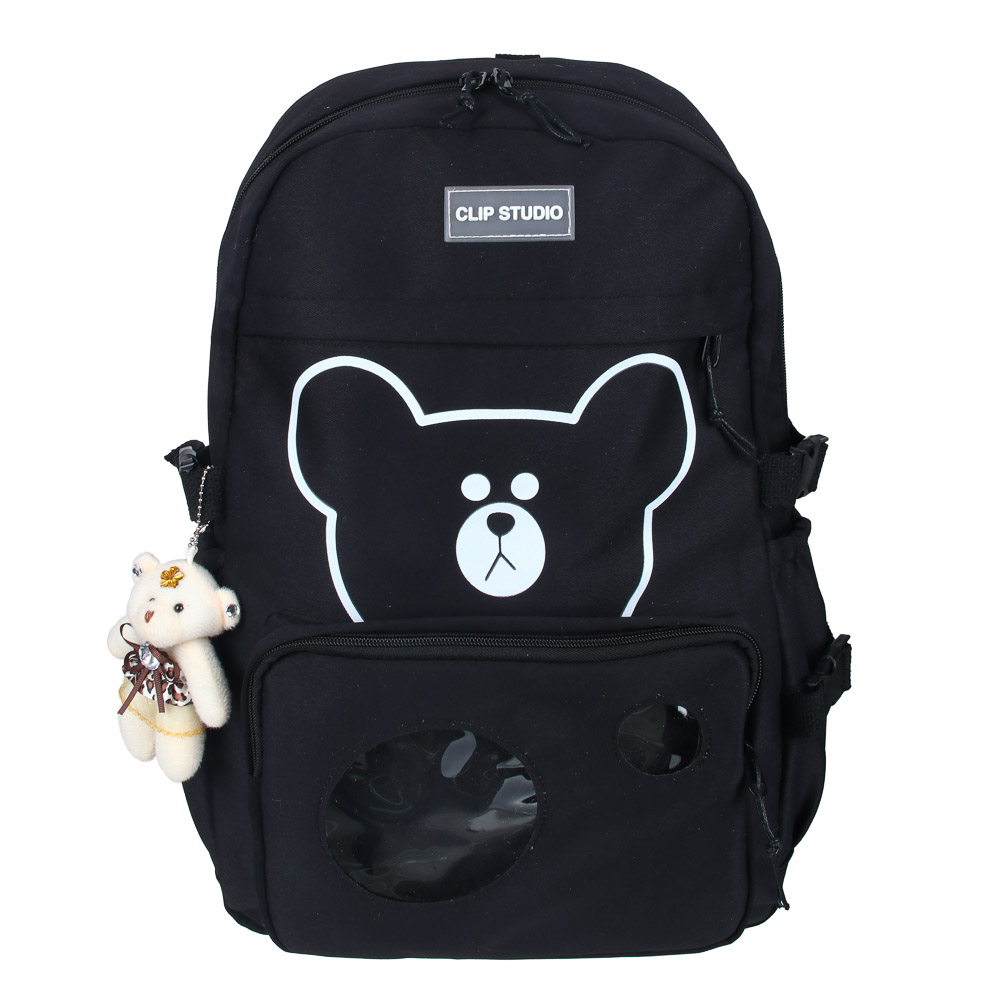 Backpack 46.5x30.5x14.5cm, 1 compartment, 5 pockets, clear windows, soft toy, nylon, black