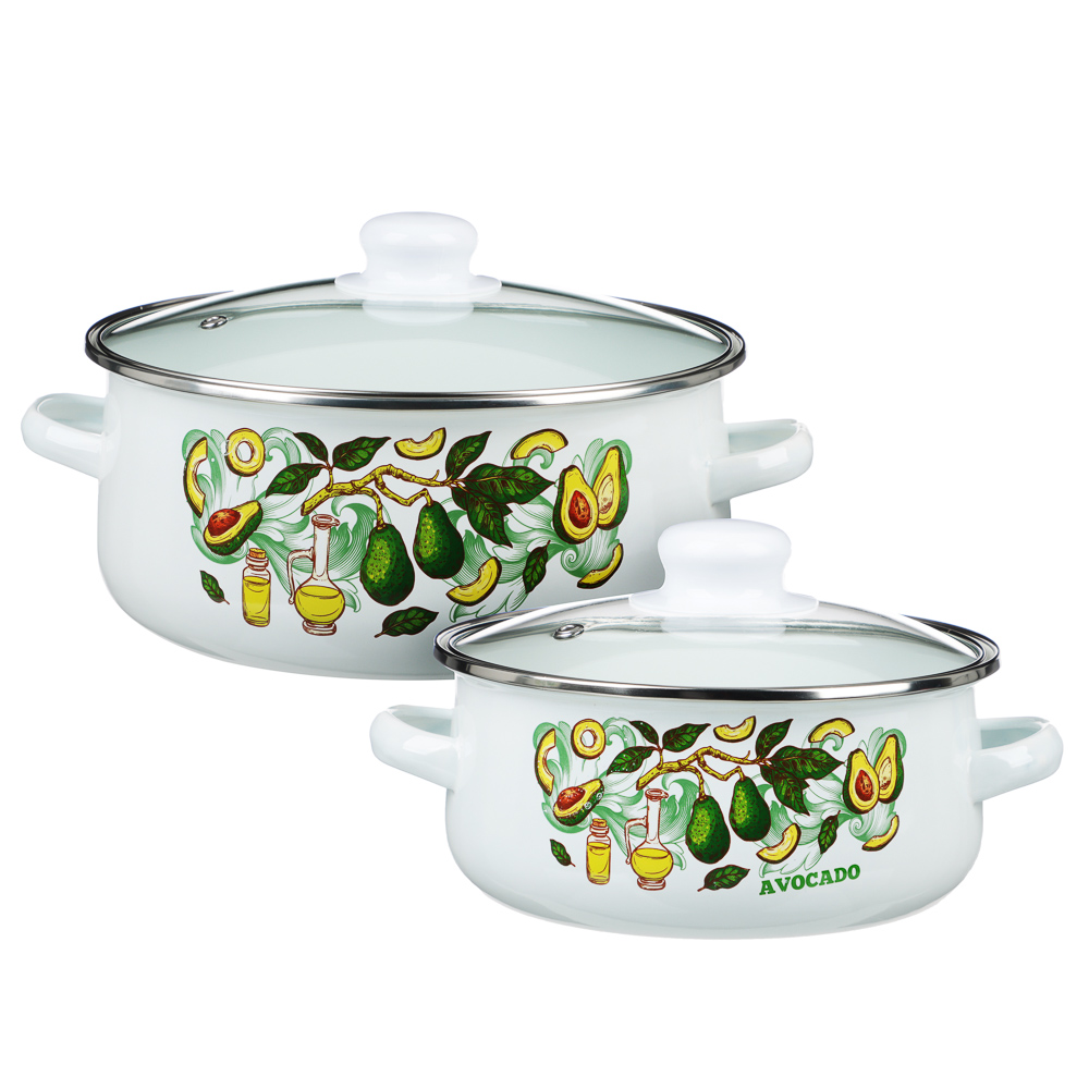 Set of enamel pans with glass. lids, 4 ave. (18/24cm, 1.5/4l) "Avocado", induction