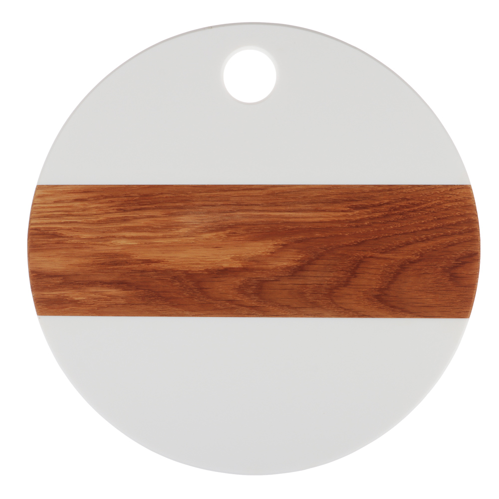 BY COLLECTION Round cutting board D-30cmx1.2cm, acrylic stone with oak lamella, white color