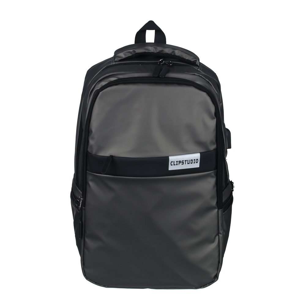Universal backpack 46x30x11cm, 2 compartments, 3 pockets, plastic back, handle, USB, water-resistant nylon, gray