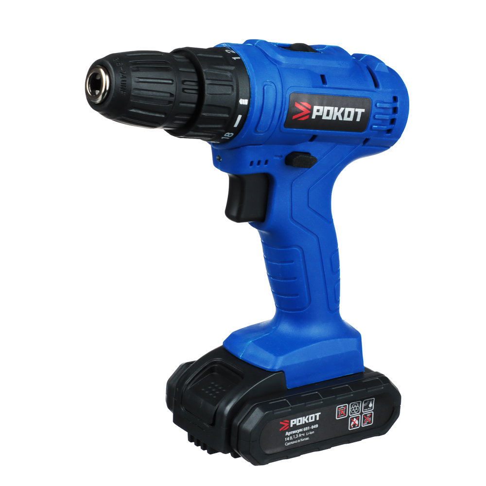 ROKOT Drill-screwdriver battery. 14V, 0-400-1400 rpm, 1.3 Li-on (1), 2 speeds