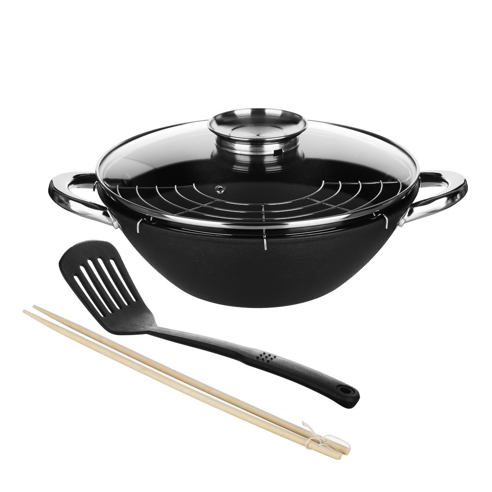 SATOSHI Kazan cast iron, 28 cm, 3.6 l, anti-proof coating, stainless steel handle, grill, glass roof, nylon spatula, bamboo sticks