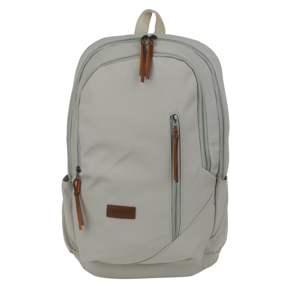 Teenage backpack 46x30x14cm, 2 compartments, 3 pockets, patch, cotton-look PE, artificial leather trim, light gray