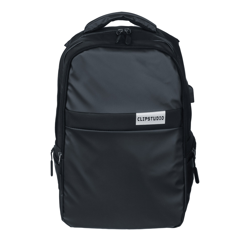 Universal backpack 46x30x11cm, 2 compartments, 3 pockets, plastic back, handle, USB, water-resistant nylon, black