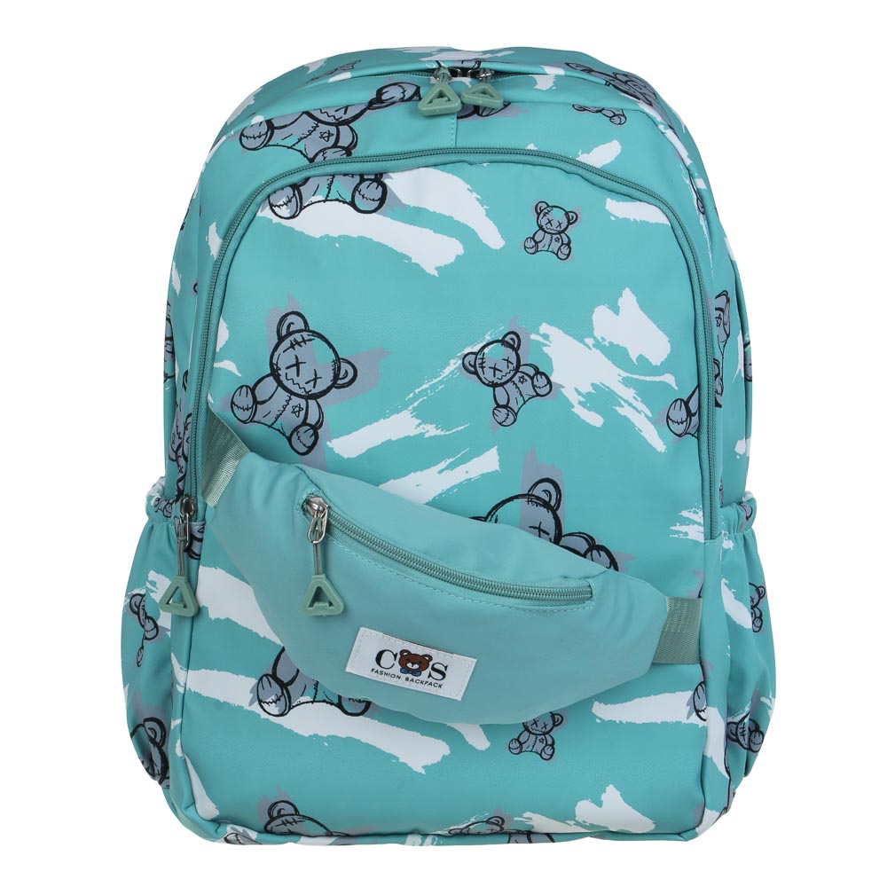 Teenage backpack 43x29x17cm, 2 compartments, pocket in the shape of a waist bag, 2 side pockets, PE, mint color scheme