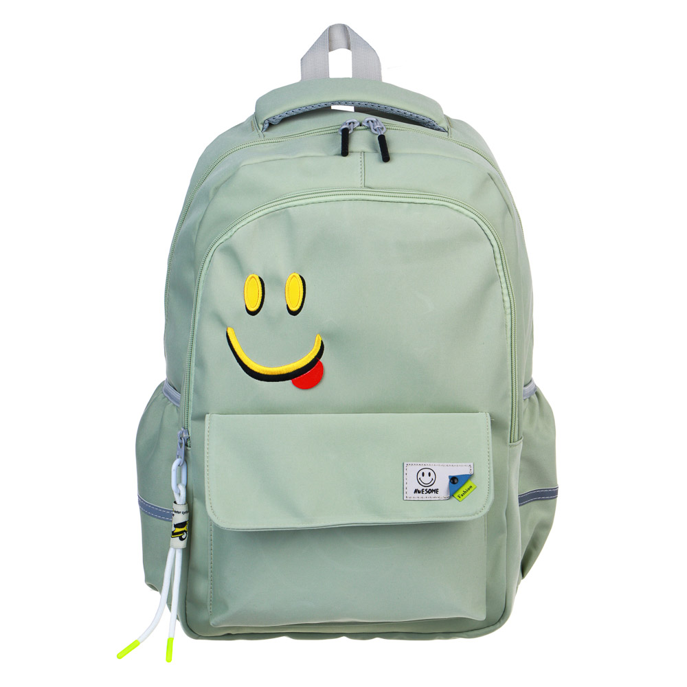 Backpack for teenagers 42x28x15cm, 2 compartments, 3 pockets, Velcro, embroidery, reinforced handle, PE, pistachio