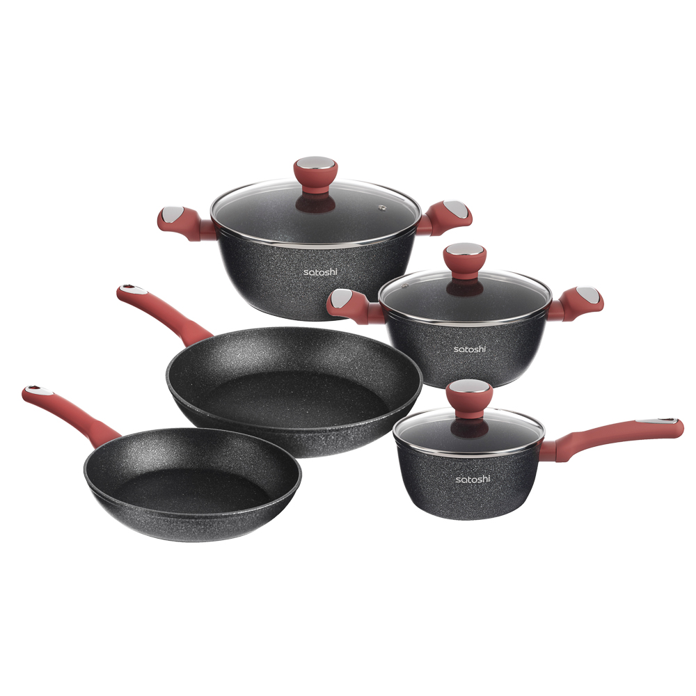 SATOSHI Лувьер Наб.посуд.8пр, а/пр.покр.:кастр.+крышки:2.3л;3.8л; ковш+крышка1,3л;сков.24,28см