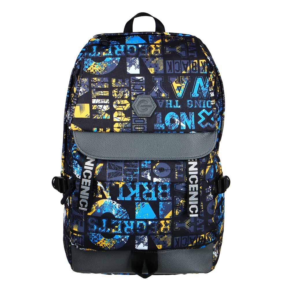 Backpack for teenagers, 45x30x18cm, "Letters", 1 compartment, 2 pockets, flap with clasps, PE