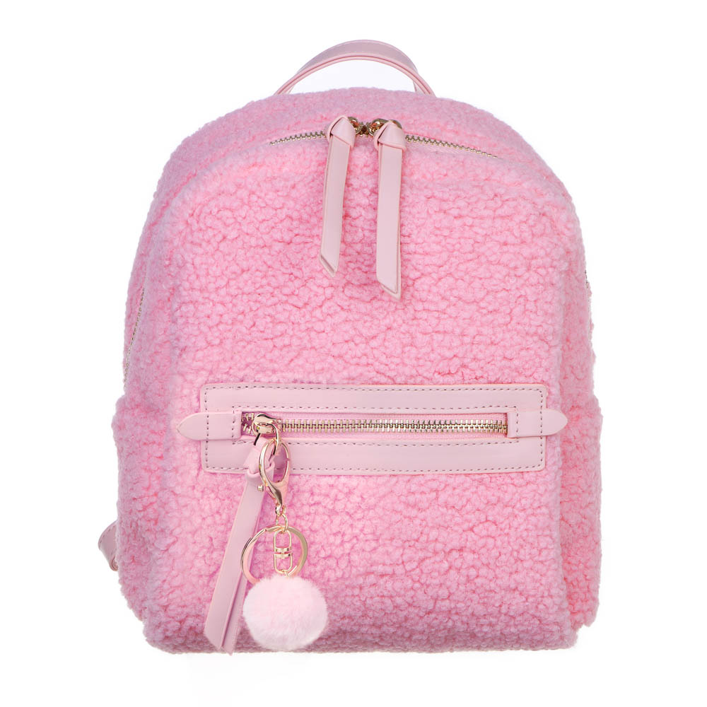 Mini backpack 28x23x12cm, "Lamb", 1 compartment, 1 pocket, faux fur with print, faux leather, pompom keychain