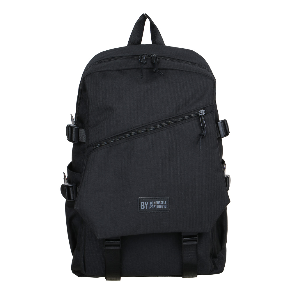 BY Universal backpack 43x30x13cm, 1 compartment, 4 pockets, flap, 2 square fasteners, patch, PE, black