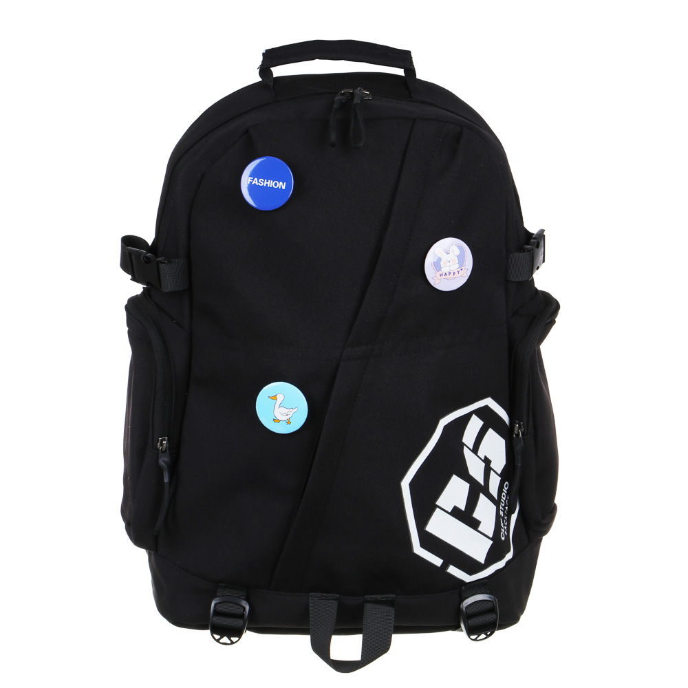 Backpack for teenagers 47x35x18cm, 1 compartment, 4 pockets, handle, mesh back, badges, PE, black