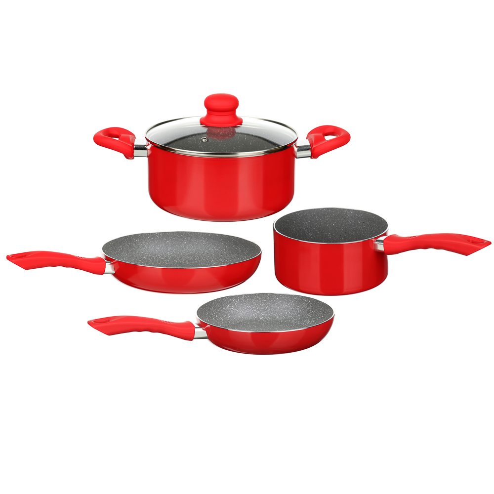 SATOSHI Set of dishes 5pr, a/sp.coated marble: pan + lid 2.8 l; ladle 1.6 l; frying pan 20.28 cm, ind.