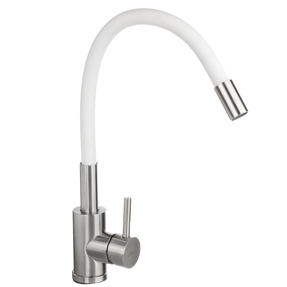 SoyuzKran Kitchen faucet, silicone spout, ceramic. cartridge 40mm, white, stainless steel steel, SS01-C132